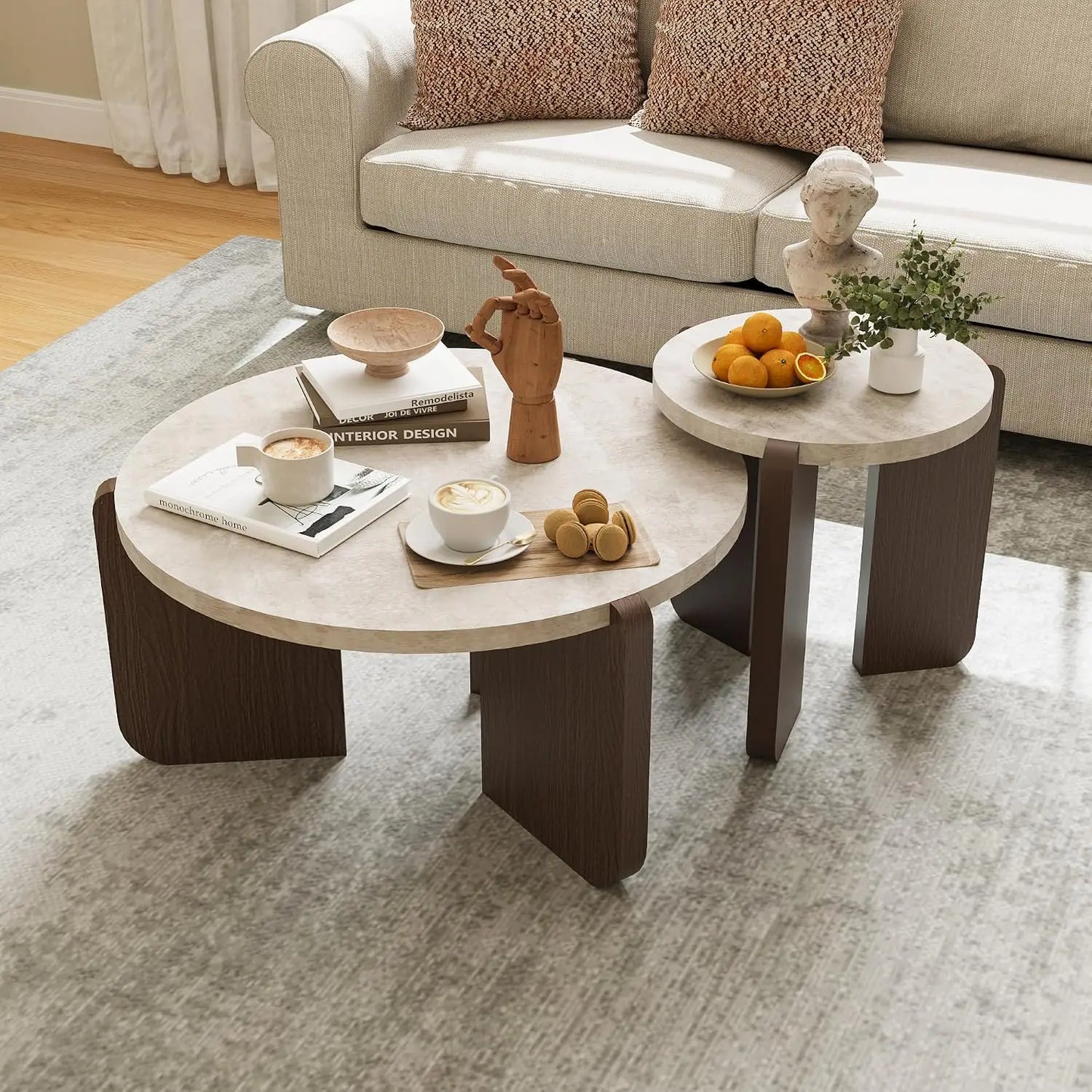 Modern Round Coffee Side Table Set Faux Marble Wooden Top