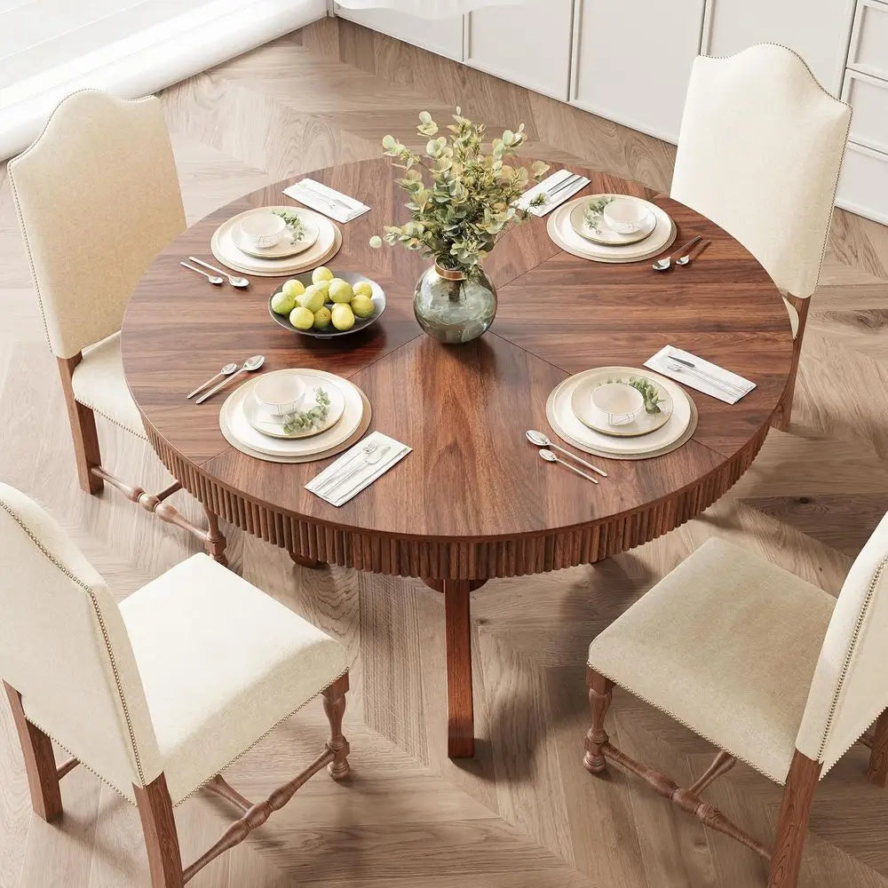 Walnut Round Dining Table With Pedestal Base And Storage Drawers