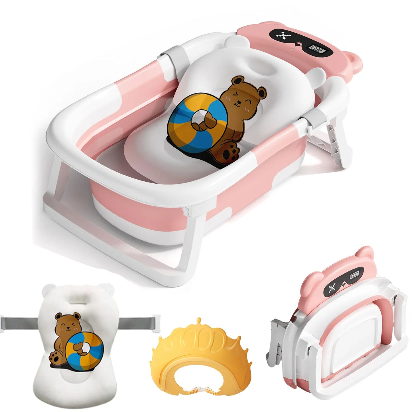 Baby Foldable Bath Tub With Thermometer Cushion Cap Brush