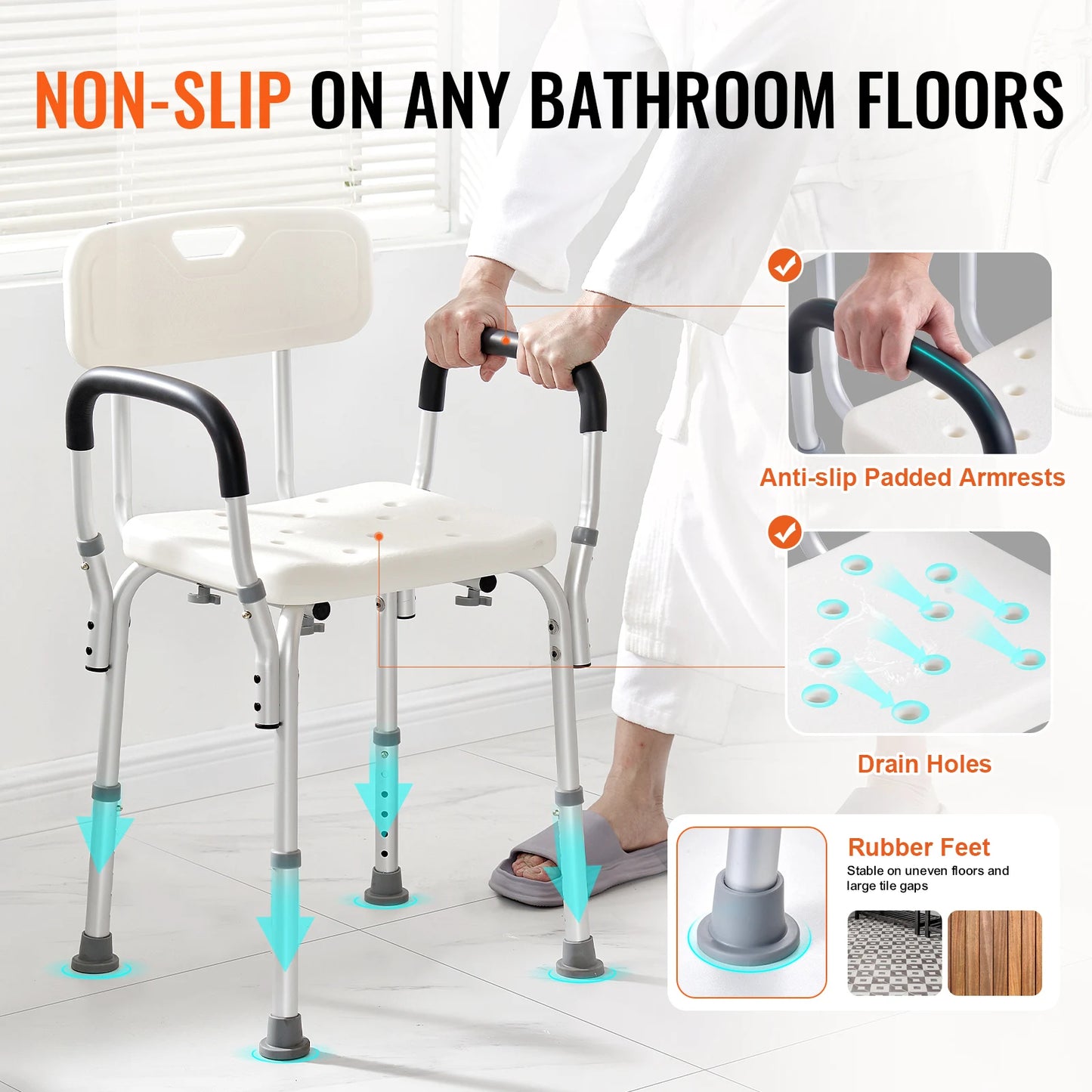 Shower Chair With Back Adjustable Height Non Slip For Elderly