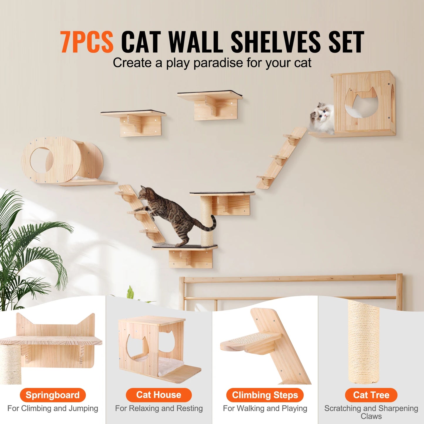 SucceBuy Wall Mounted Cat Shelves With Jumping Boards Perches