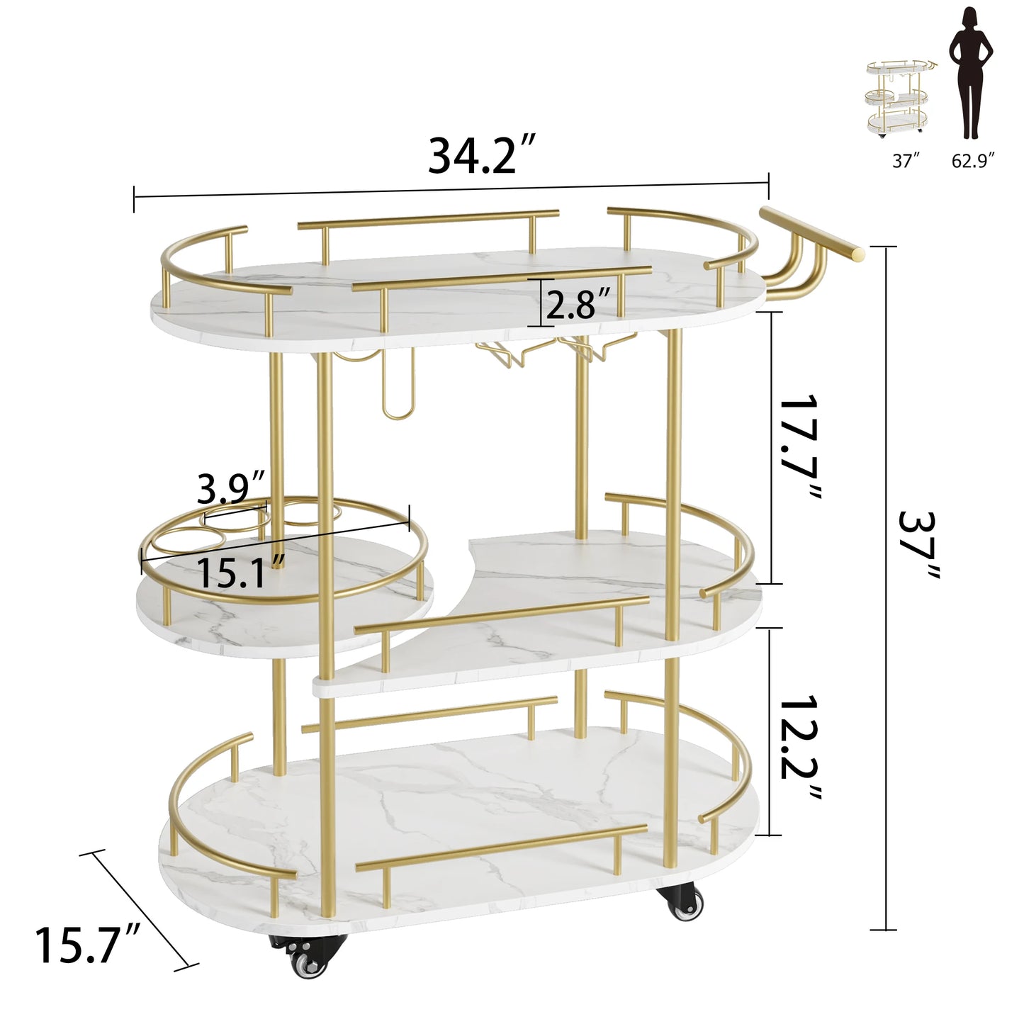HiMISS Three Tier Drinks Trolley Bar Cart With Wheels