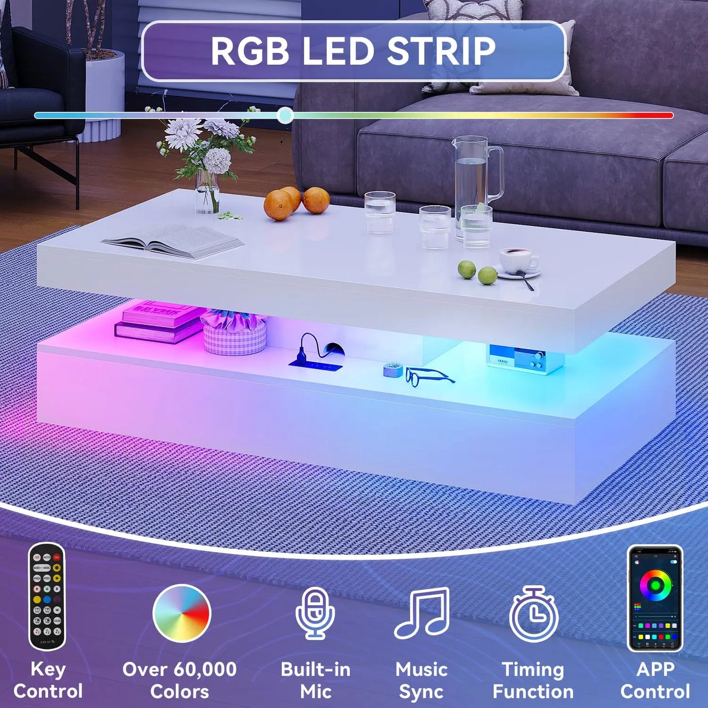 GUANGBAI High Gloss LED Coffee Table With Two Sliding Drawers