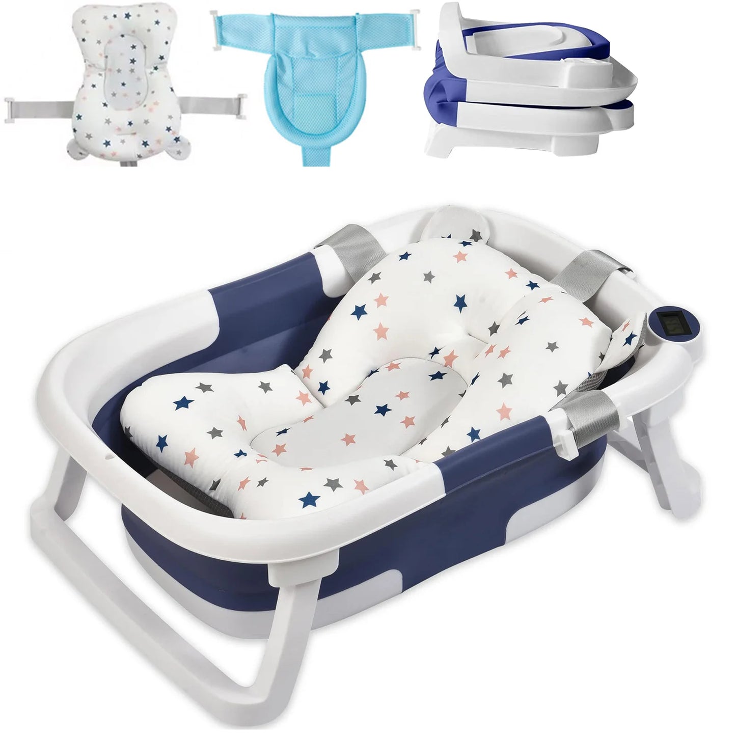 Baby Foldable Bath Tub With Thermometer Cushion Cap Brush