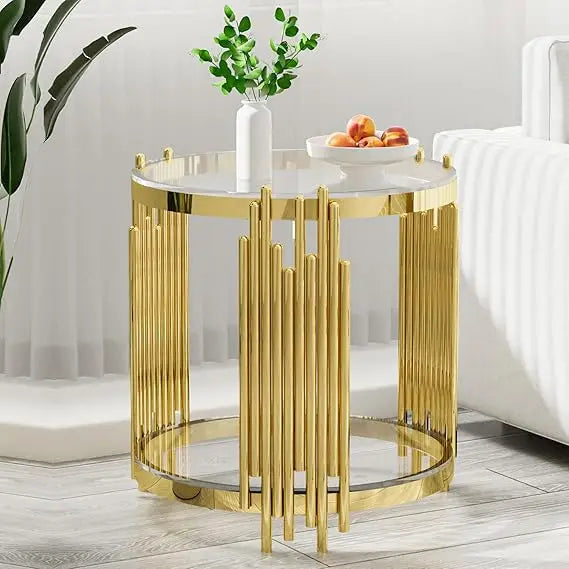 Round Glass End Table With Stainless Steel Irregular Leg