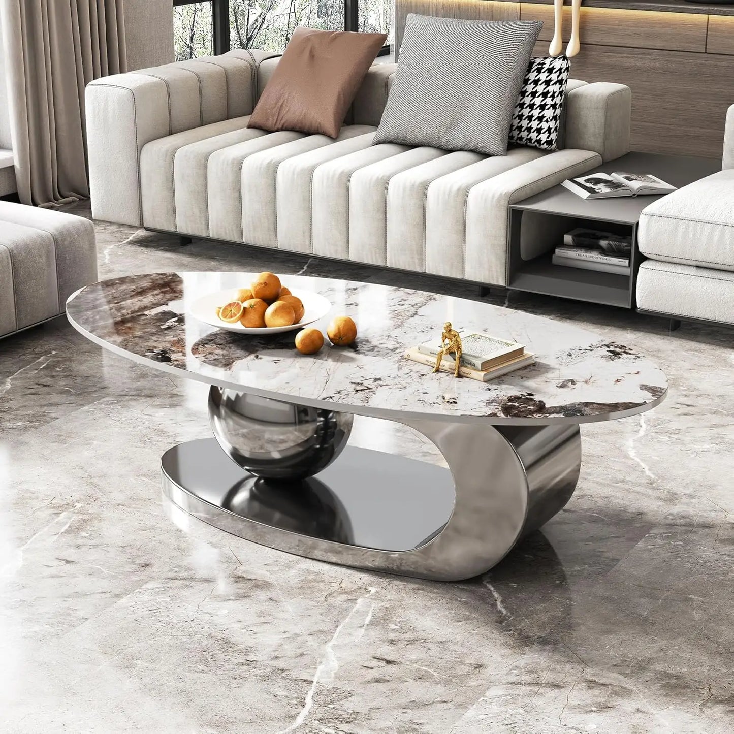 Modern Coffee Table With Silver Stainless Steel Pedestal