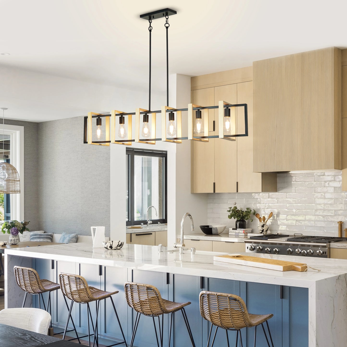 Modern Farmhouse Kitchen Island Pendant Lights With Wood Shades Dimmable