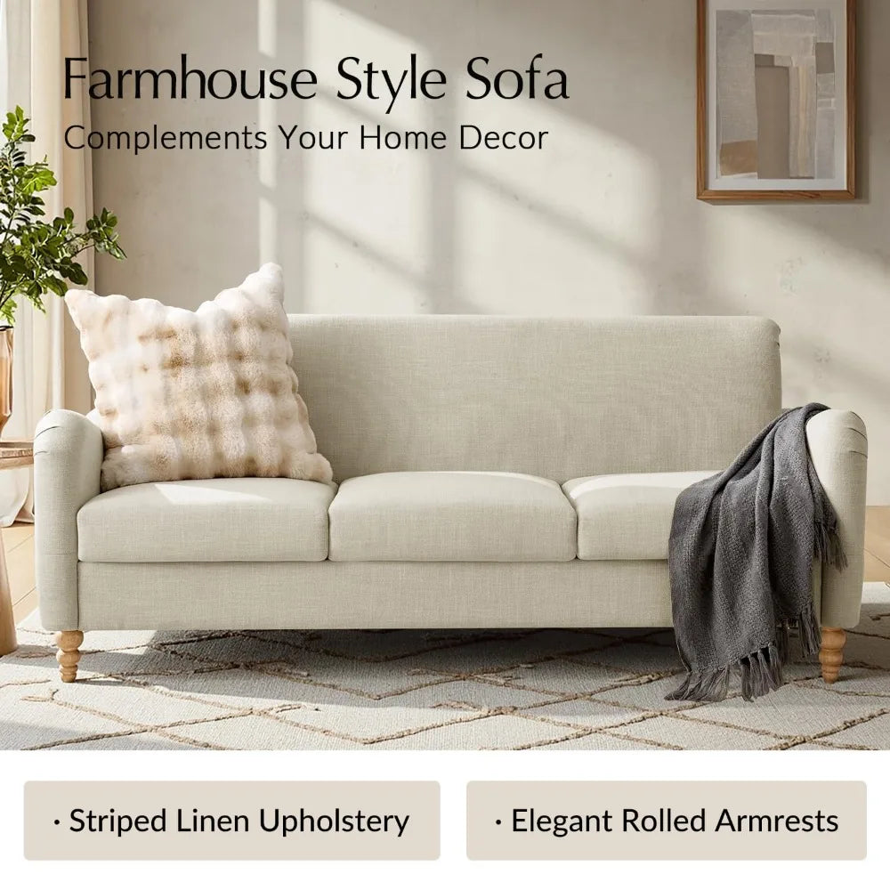 Curved Farmhouse Sofa With Solid Wood Spindle Legs Upholstered Linen