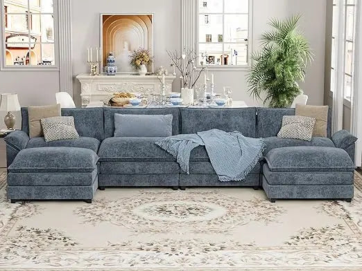 U Shaped Sectional Sofa In Chenille With Removable Ottoman Sleeper
