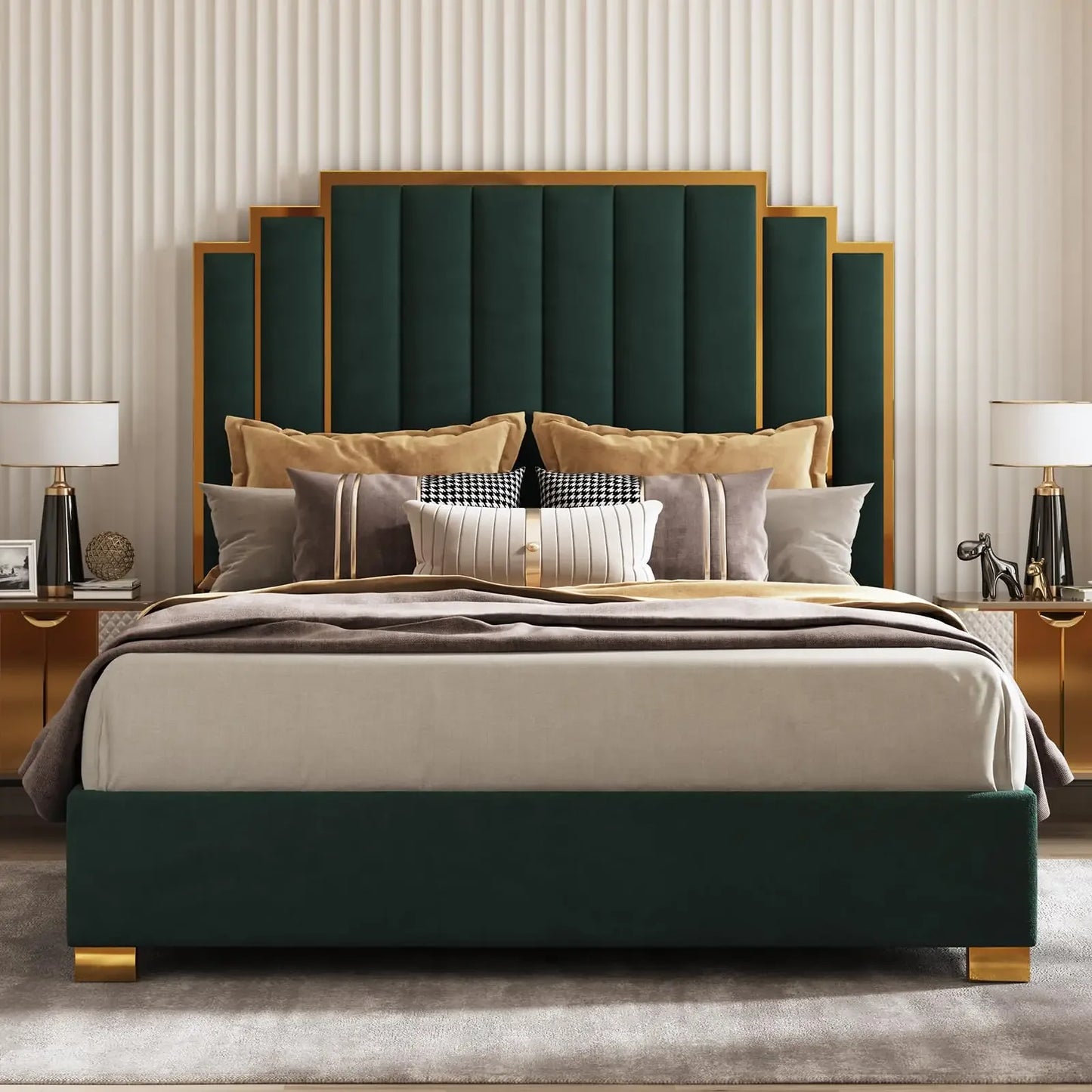 Amerlife Upholstered Bed With Gold Trim Headboard No Box Spring
