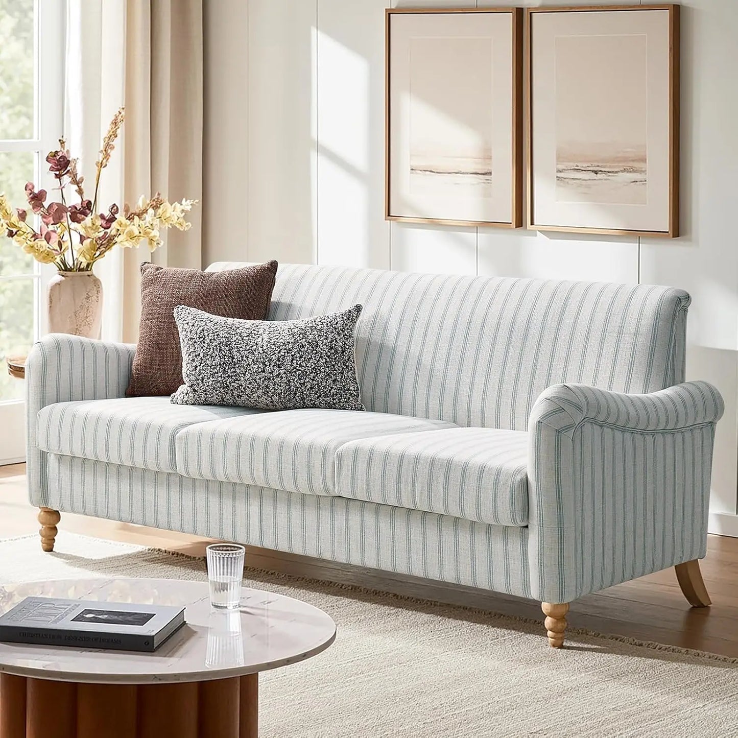 Curved Farmhouse Sofa With Solid Wood Spindle Legs Upholstered Linen