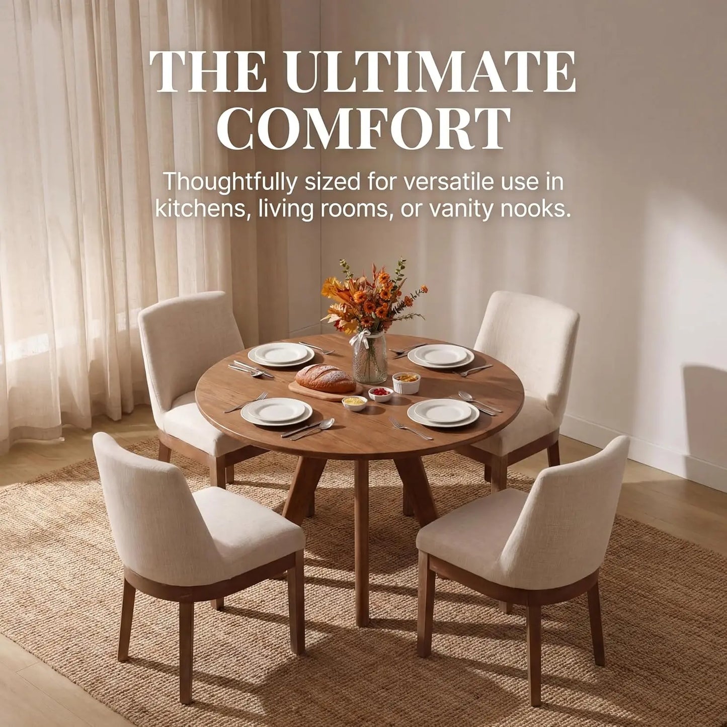 Modern Linen Dining Chairs Set Upholstered Back Wood Legs